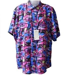 Vintage Naked Silk Loud Bold Bright COLORFUL Abstract Print Short Sleeve Button